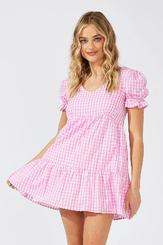 Pink Check Smock Dress Short Sleeve Tiered