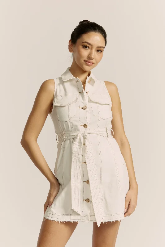 Clea White Button Down Belted Mini Dress