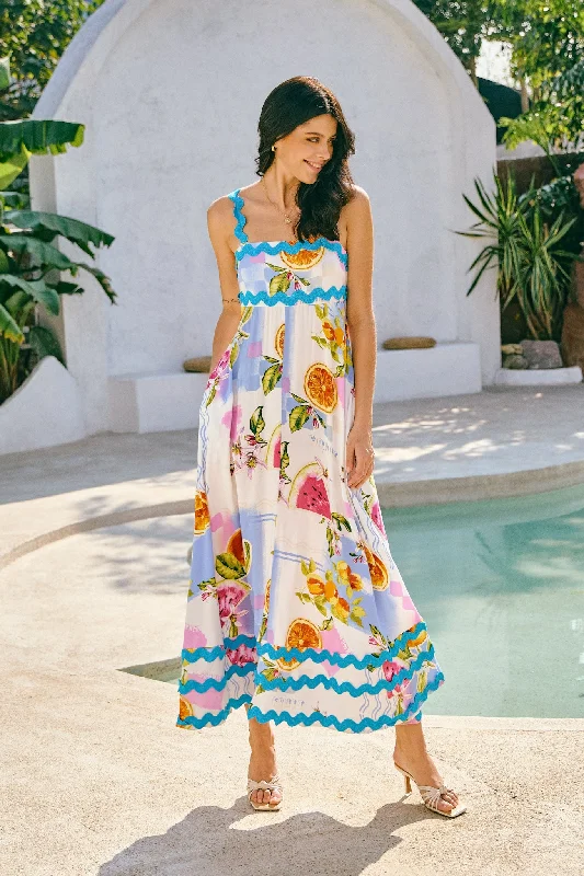 Tutti Blue Tropical Ric Rac Tiered Maxi Dress