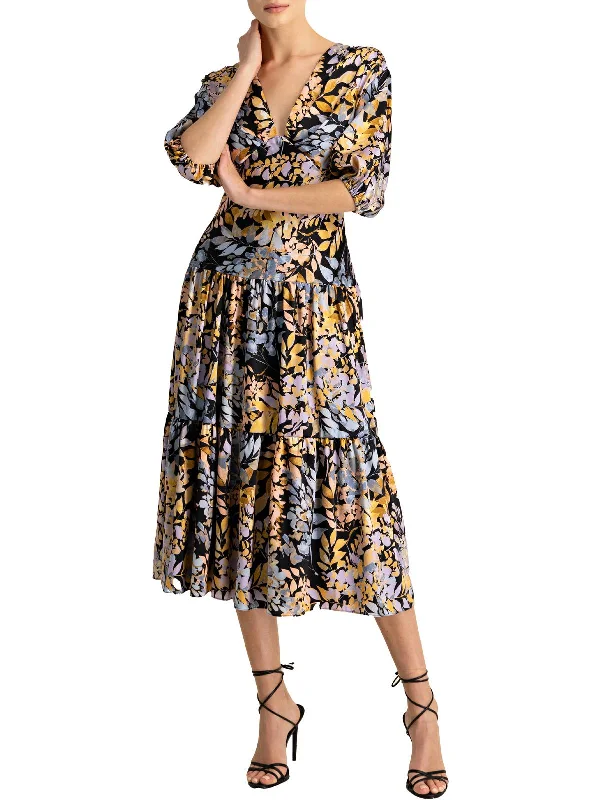 Womens Satin Floral Cocktail and Party Dress