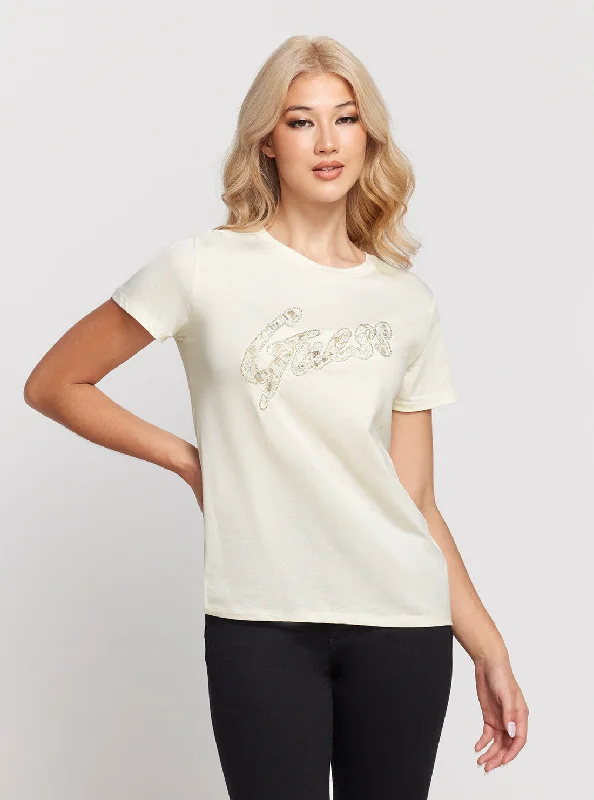 Cream Short Sleeves Lace Logo T-Shirt