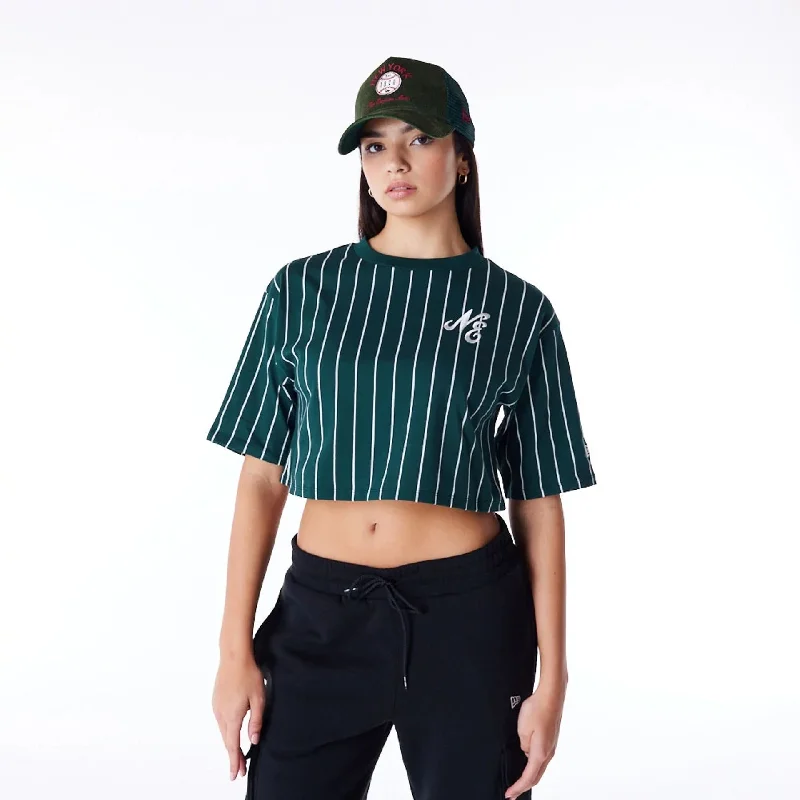 New Era Womens Pinstripe Dark Green Crop T-Shirt