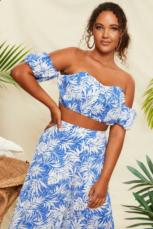 Mono Print Ruched Palm Tree Print Bardot Crop Top