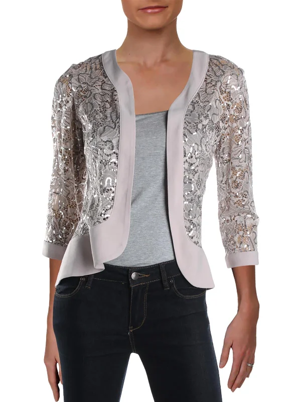 Womens Lace 3/4 Sleeves Open-Front Blazer