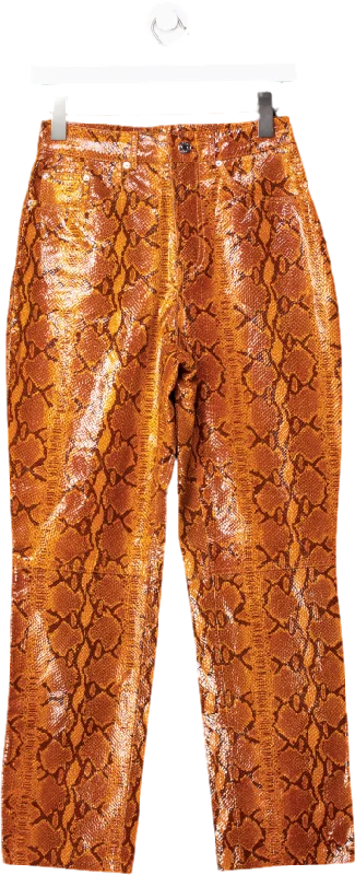 grlfrnd Orange Snakeskin Print Straight Leather Trousers UK 8