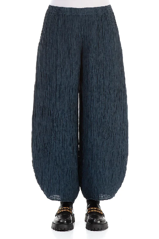 Taper Crinkled Midnight Blue Silk Trousers